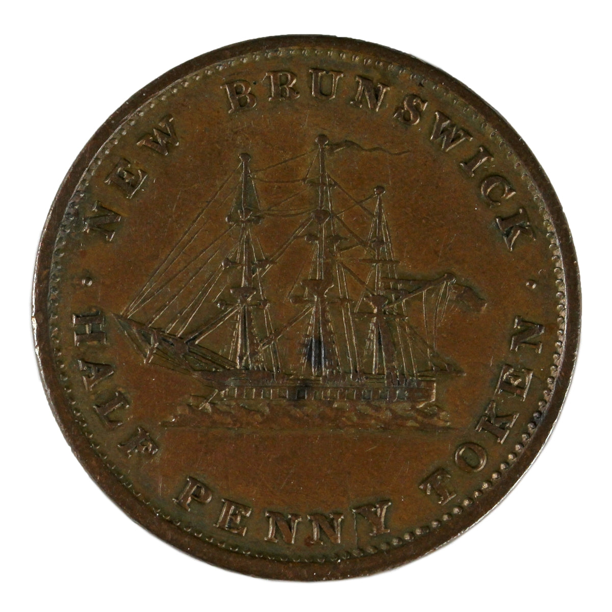 NB-1A2 1843 New Brunswick Victoria Dei Gratia Regina Half Penny Token Extra Fine (EF40) $