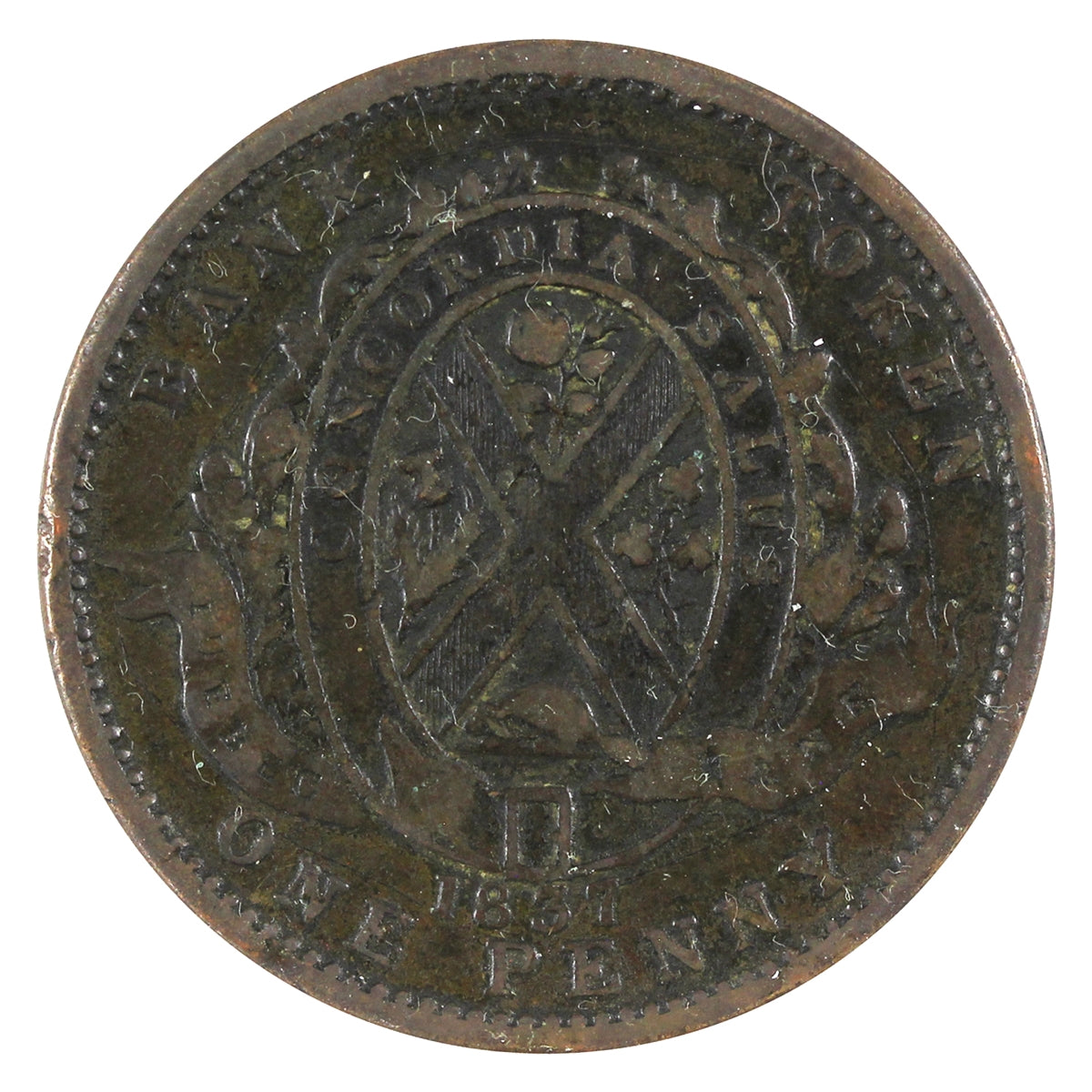 LC-9B4 1837 Lower Canada Quebec Bank One Penny Token Fine (F12)