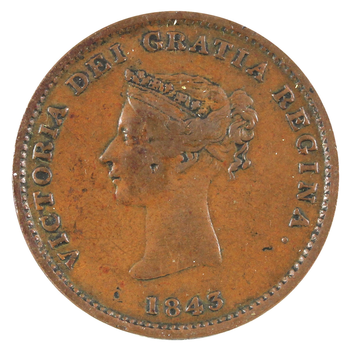 NB-1A1 1843 New Brunswick Victoria Dei Gratia Regina Half Penny Token F-VF (F15)