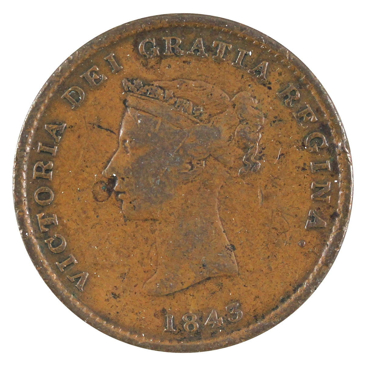 NB-1A1 1843 New Brunswick Victoria Dei Gratia Regina Half Penny Token Fine (F12)