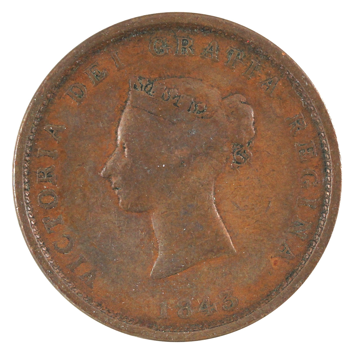 NB-2A 1843 New Brunswick Victoria Dei Gratia Regina Penny Token Fine (F12)