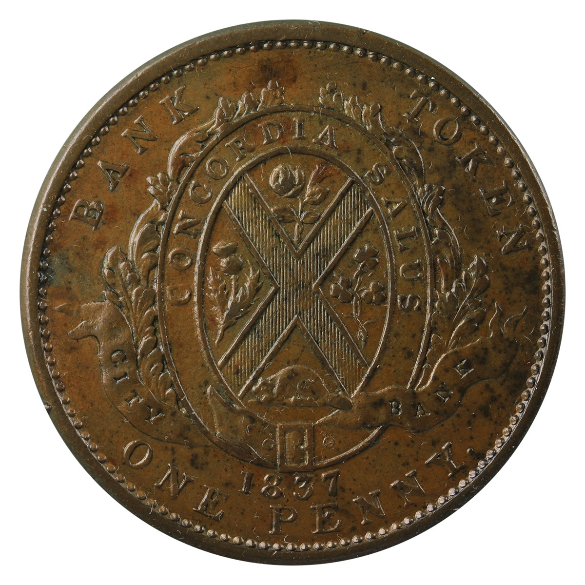 LC-9A3 1837 Lower Canada, City Bank Penny Token Almost Uncirculated (AU50) $