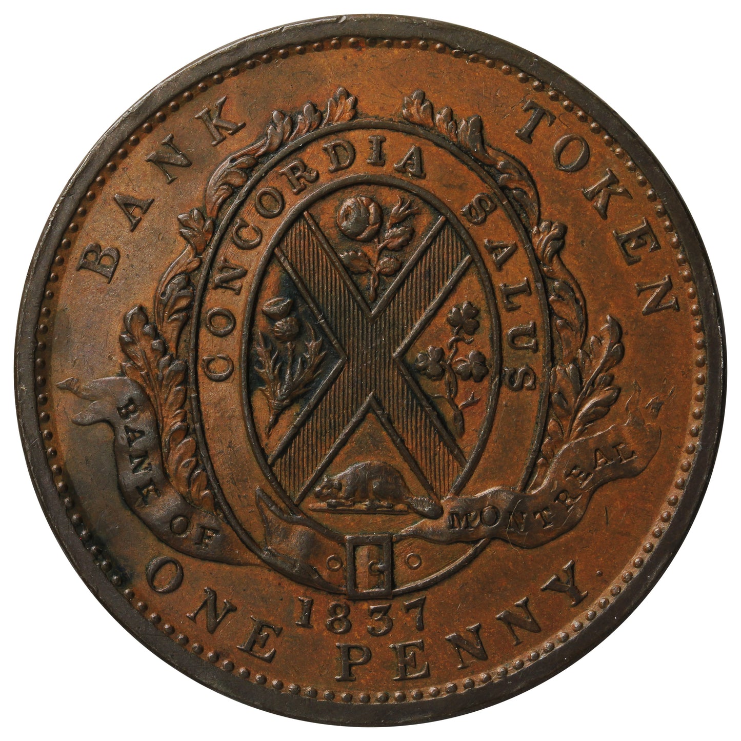 LC-9D1 1837 Lower Canada, Bank of Montreal Deux Sous Penny Token AU-UNC (AU55) $