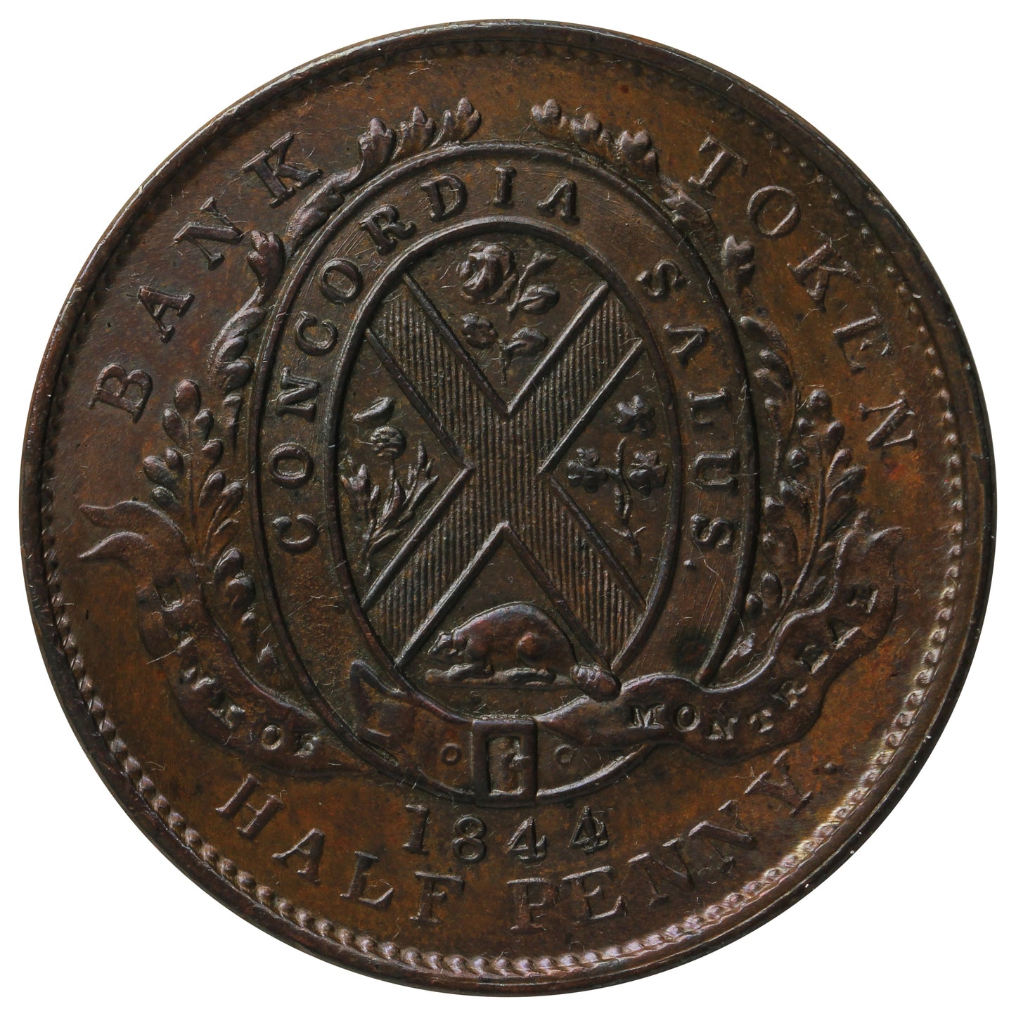 PC-1B3 1844 Province of Canada, Bank of Montreal Half Penny Token Uncirculated (MS60)