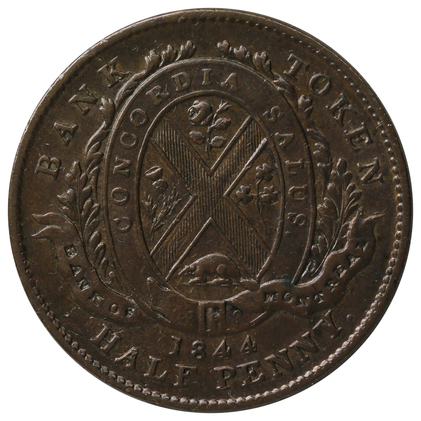 PC-1B6 1844 Province of Canada, Bank of Montreal Half Penny Token AU-UNC (AU55) $