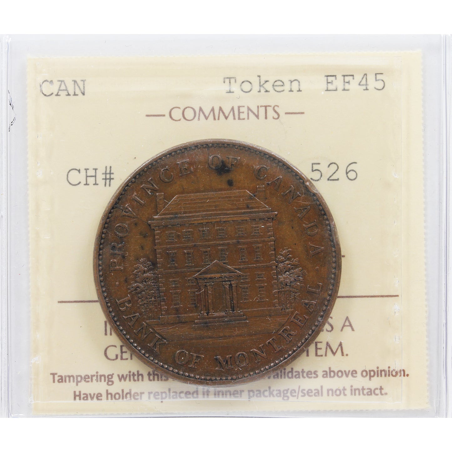 PC-2b 1842 Province of Canada Bank of Montreal Penny Token ICCS Certified EF45 BR #526