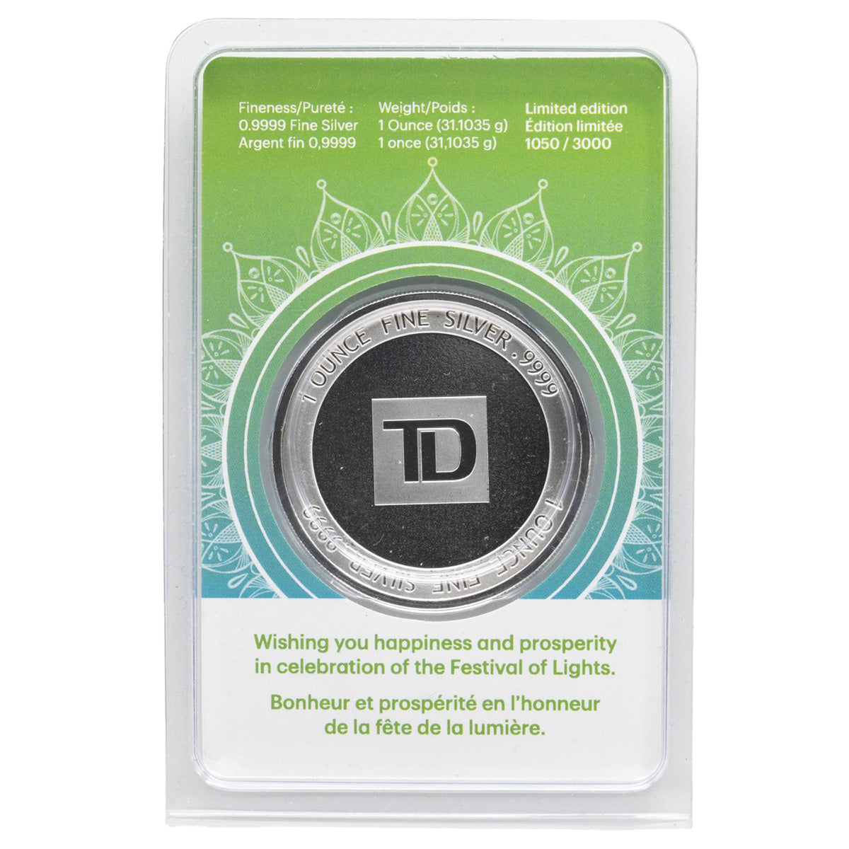 TD Bank 2019 Diwali 1oz Silver Round in Package (No Tax) Rim/Edge toning