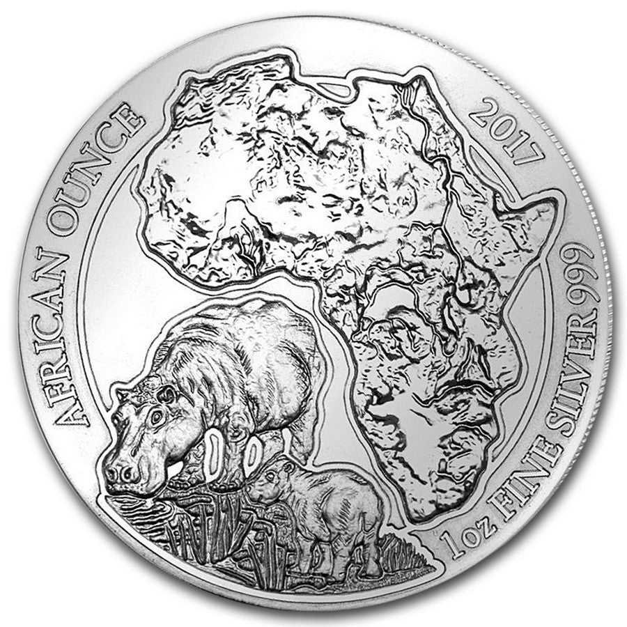 2017 Rwanda 50 RWF African Hippo 1oz .999 Silver BU (TAX Exempt)
