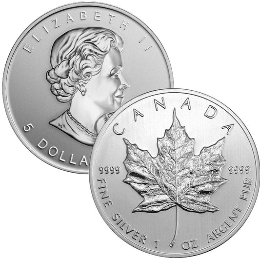 Random Date $5 1oz Silver Maple Leaf .9999 (No Tax) May have light toning.