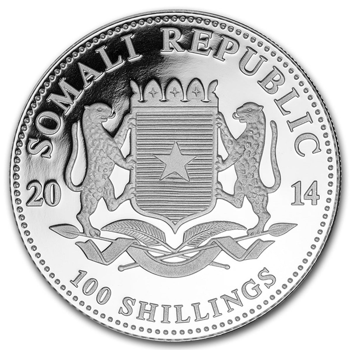 2014 Somalia 100 Shillings African Elephant 1oz .999 Silver (No Tax) White Toning Spots