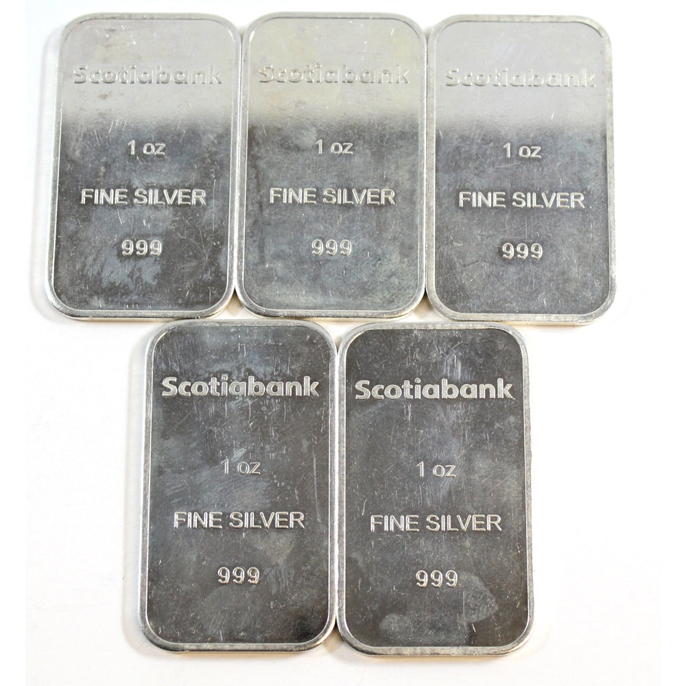 Lot of 5x Scotiabank 1oz .999 Fine Silver Bars, 5Pcs (No Tax) Impaired