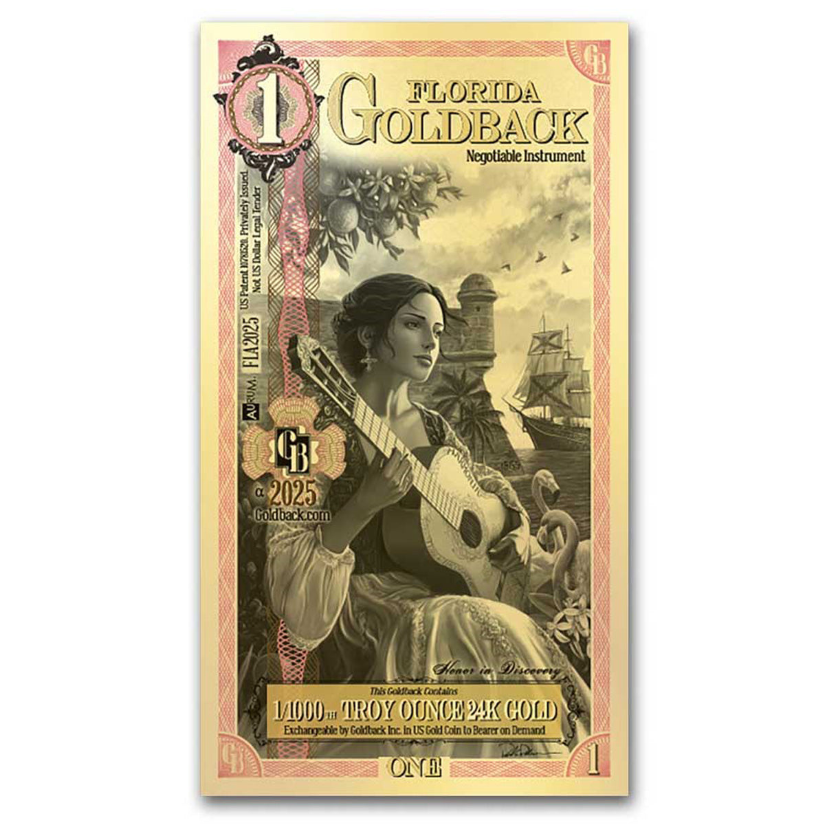 One Florida Goldback 1/1000oz 24K .9999 Gold Wafer Foil Note (No Tax)