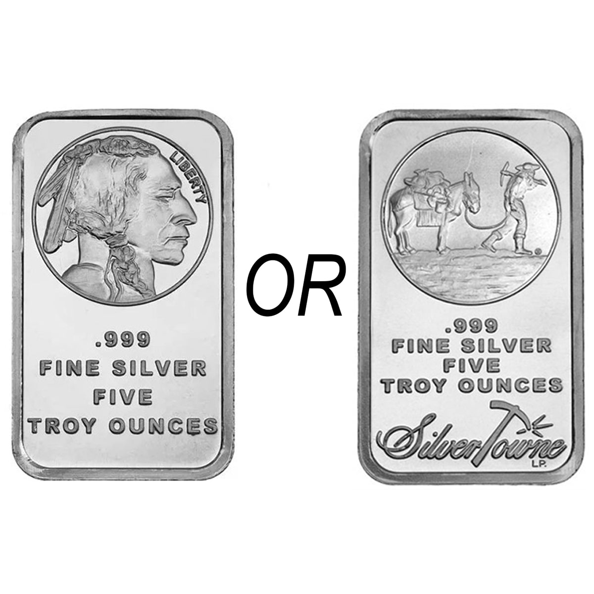 SilverTowne Mint 5oz Indian or Prospector .999 Fine Silver Bar (Tax Exempt) - Light Toning