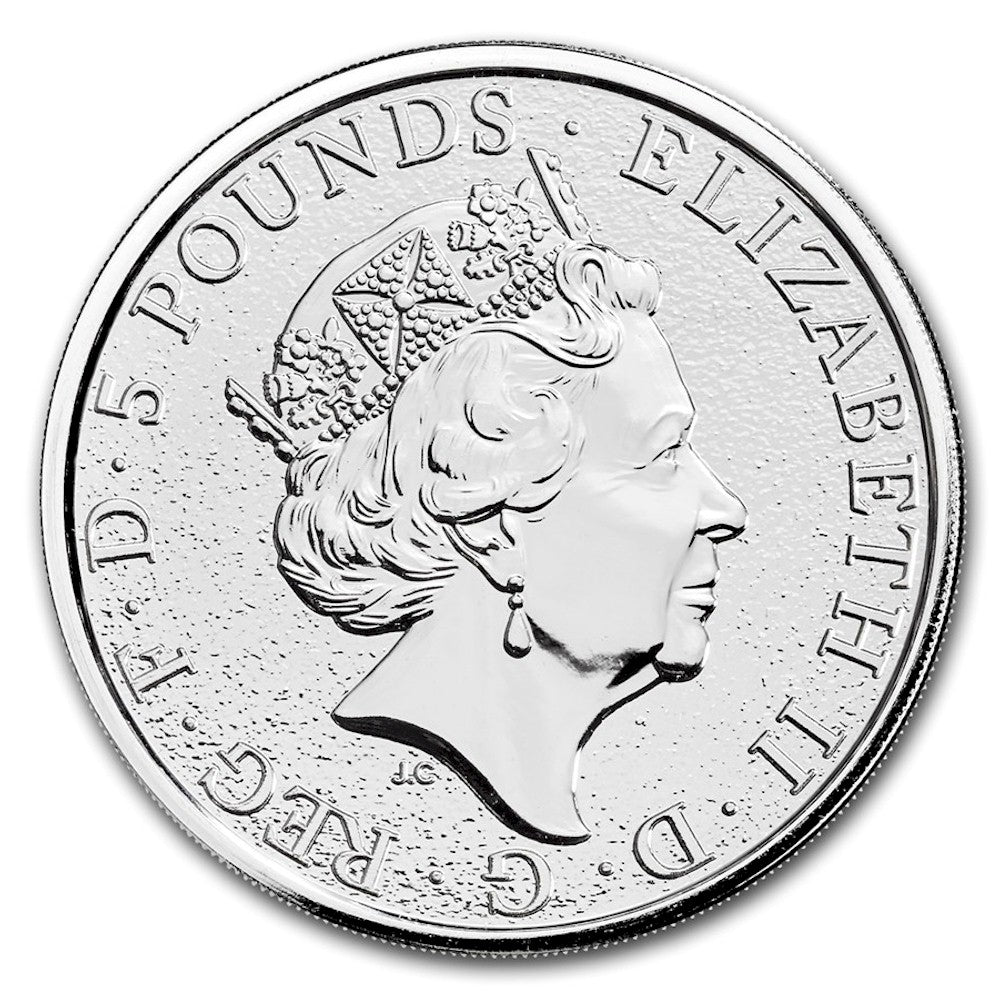 2017 GB £5 Queen's Beasts: Red Dragon 2oz. Silver (No Tax) Hairline Scratch