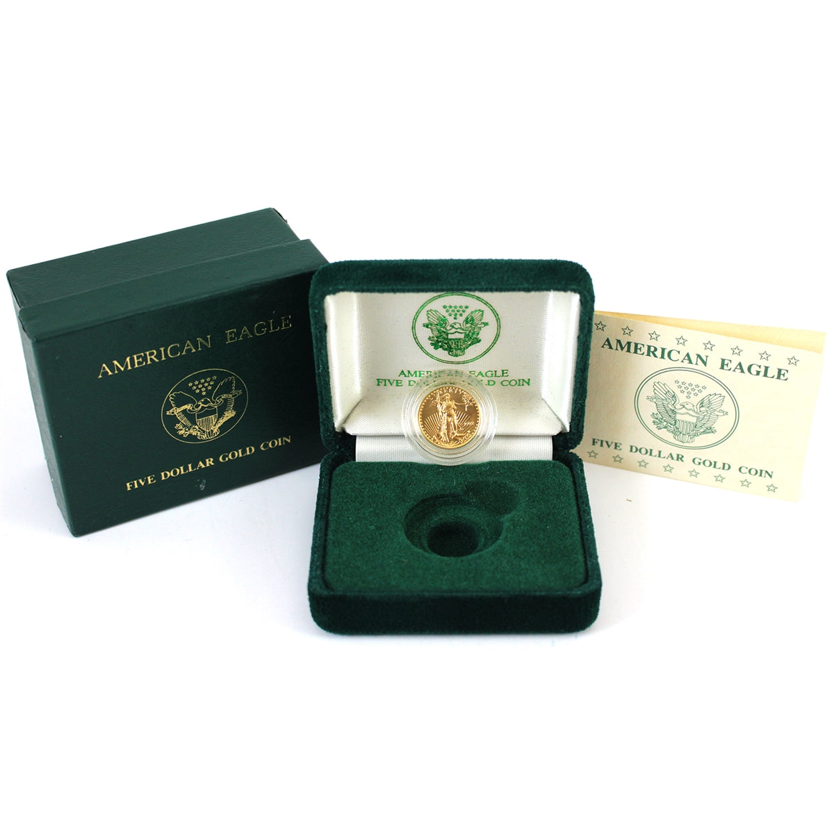 1992 USA $5 Gold Eagle (1/10oz. Gold Content) with CoA in Case (Box lightly damaged) No Tax