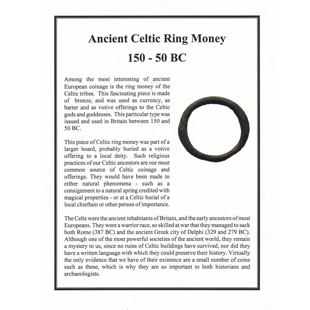Ancient Celtic Ring Money, 150-50 BC, with Information Sheet