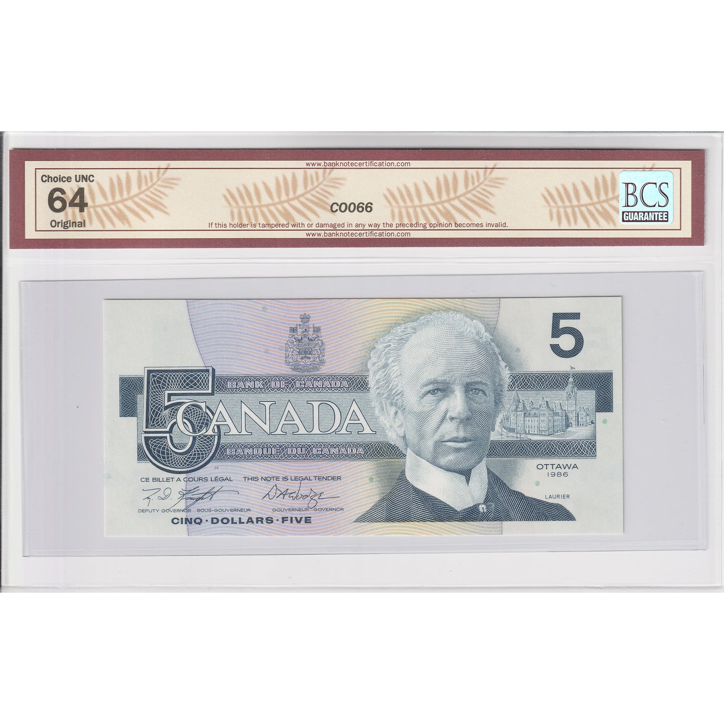 BC-56e-N1-iii 1986 Canada $5 Knight-Dodge, 3 Digit RADAR, HNB, BCS Cert. CUNC64 Orig