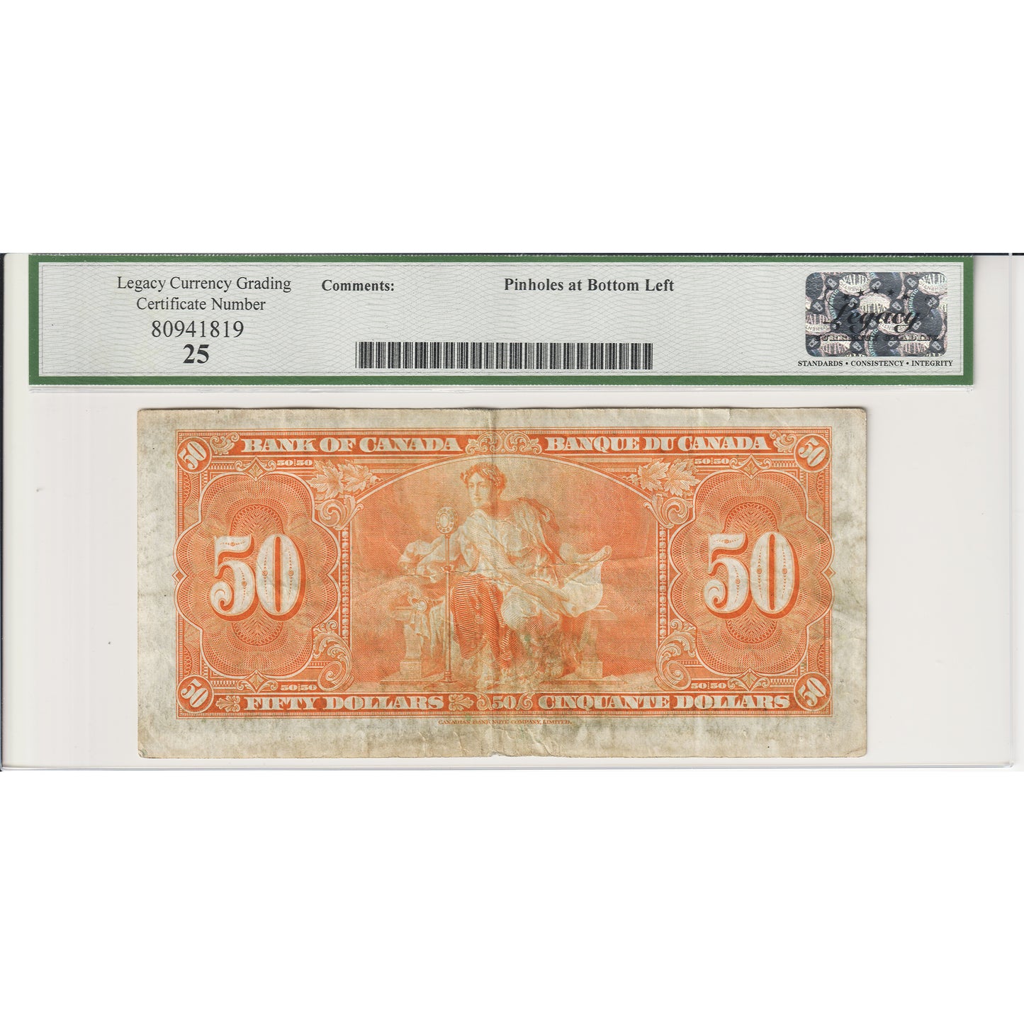 BC-26c 1937 Canada $50 C-T, B/H, Legacy Cert. VF25 (Pinholes)