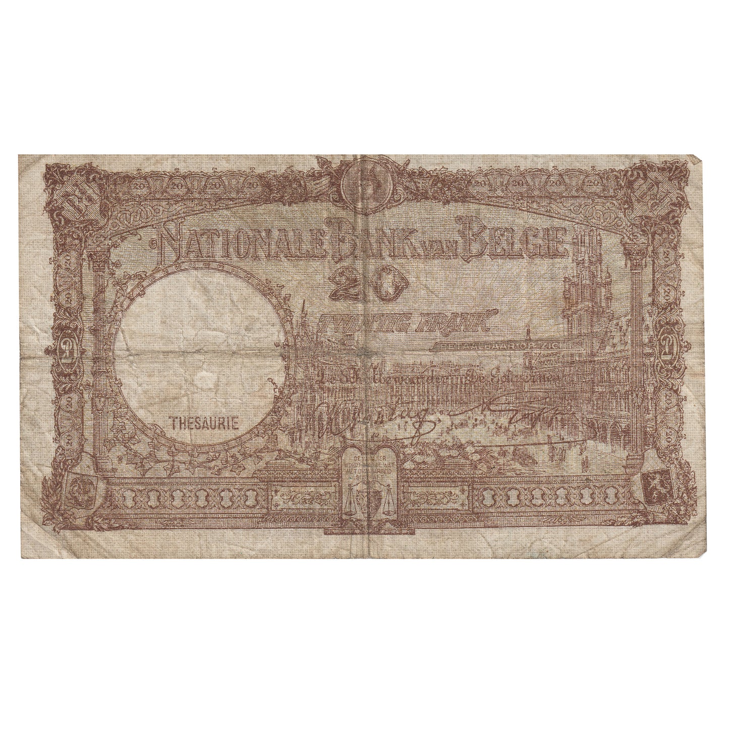 Belgium 1941 20 Franc Note, Pick #111 F-VF (Holes)