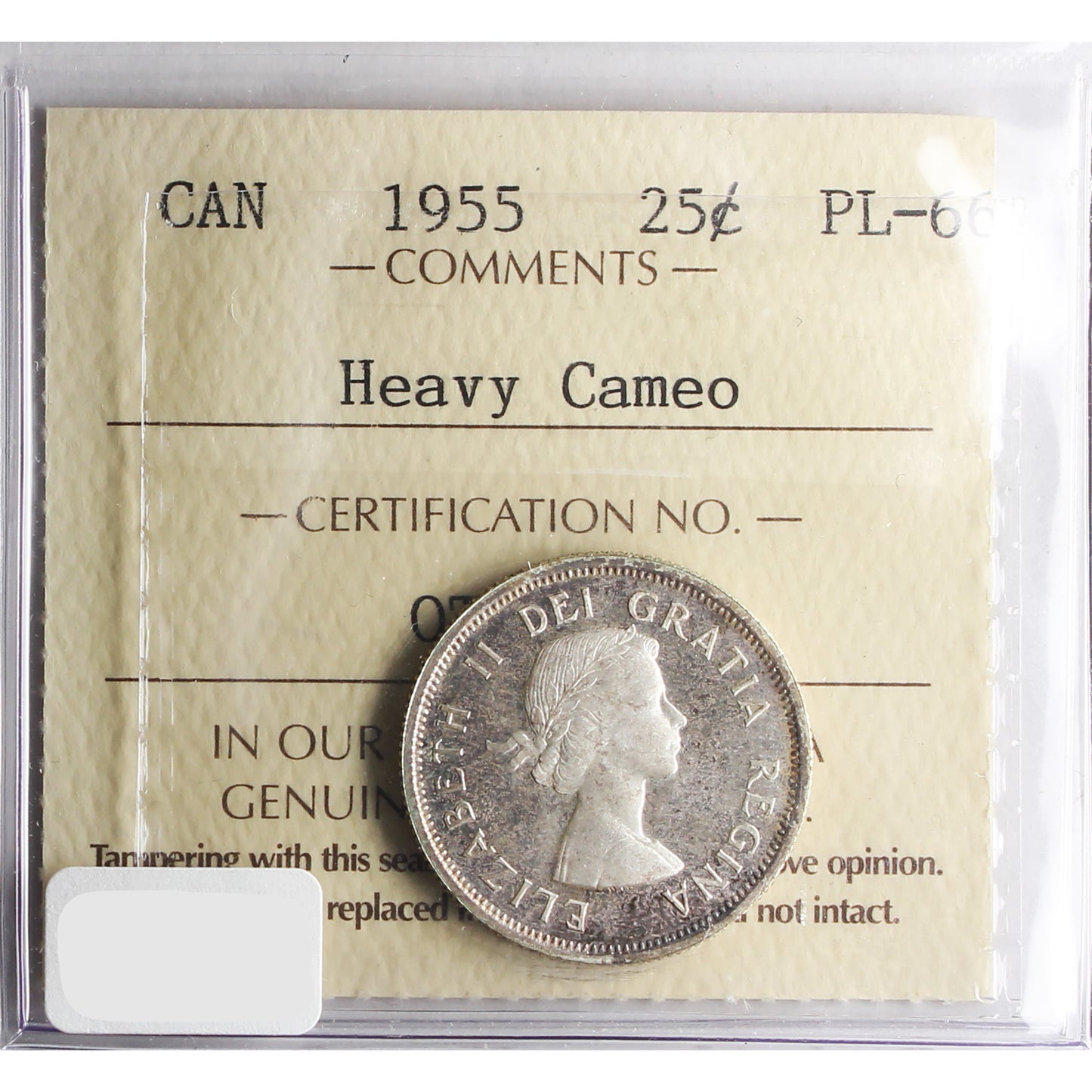 1955 Canada 25-cents ICCS Certified PL66 Heavy Cameo