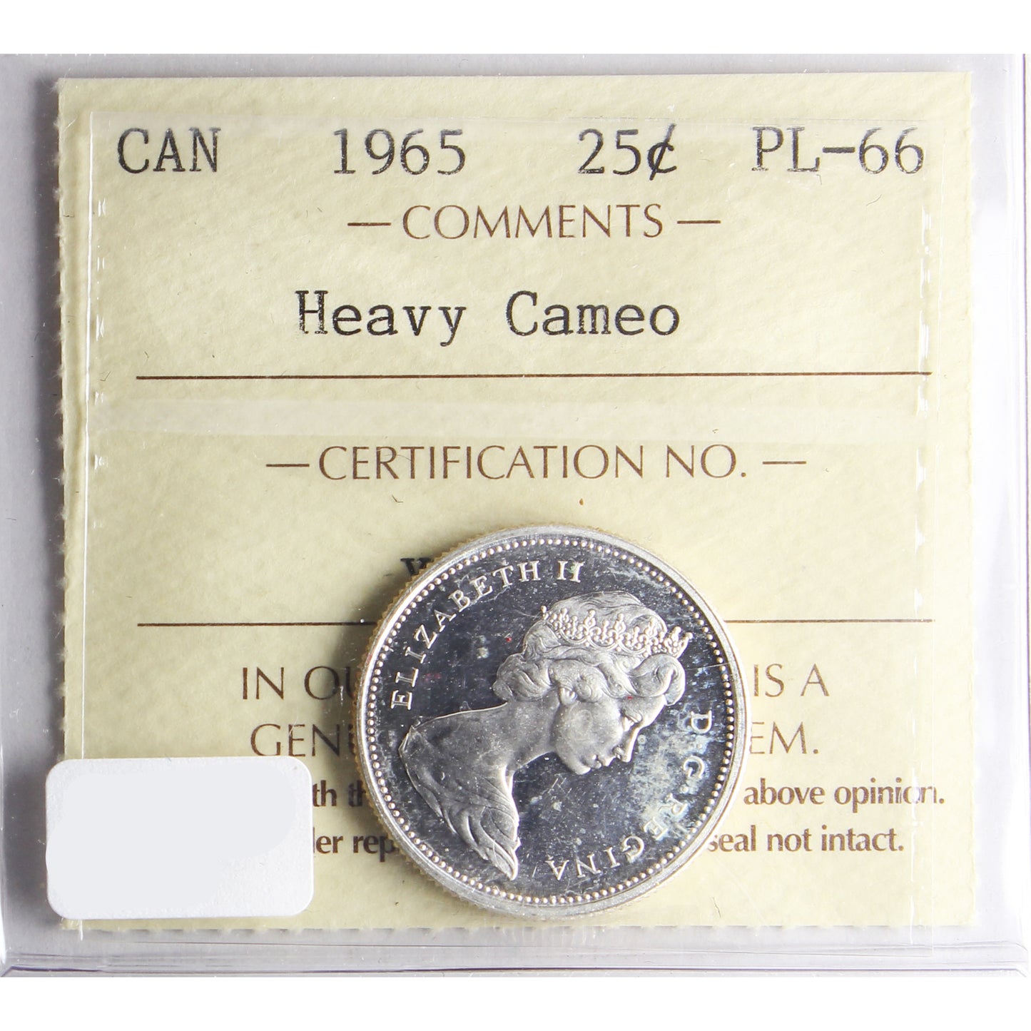 1965 Canada 25-cents ICCS Certified PL66 Heavy Cameo