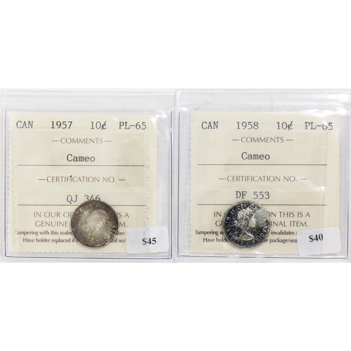 Pair of 1957 & 1958 Canada 10-Cents ICCS Certified PL-65 Cameo, 2Pcs