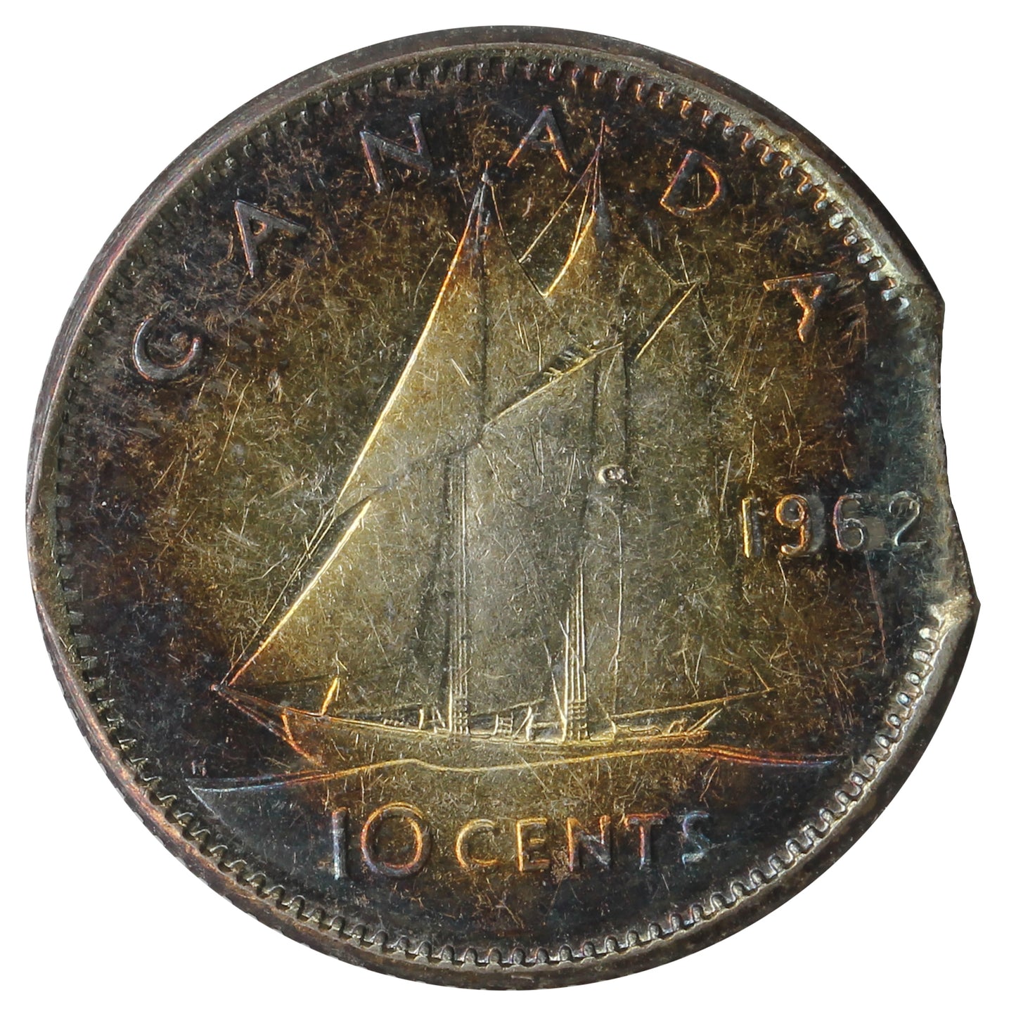 ERROR 1962 Canada 10-Cents Extra Fine (EF40) Clipped; Nicely Toned