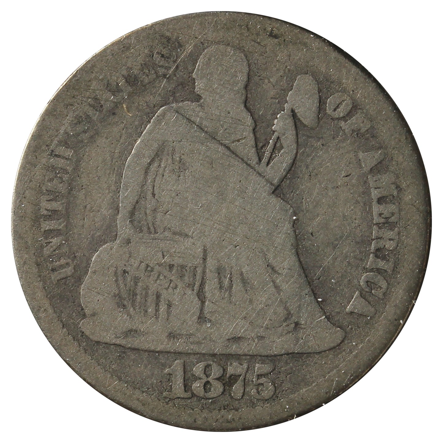 1875 CC Above Bow USA Dime About Good (AG3) Scratched