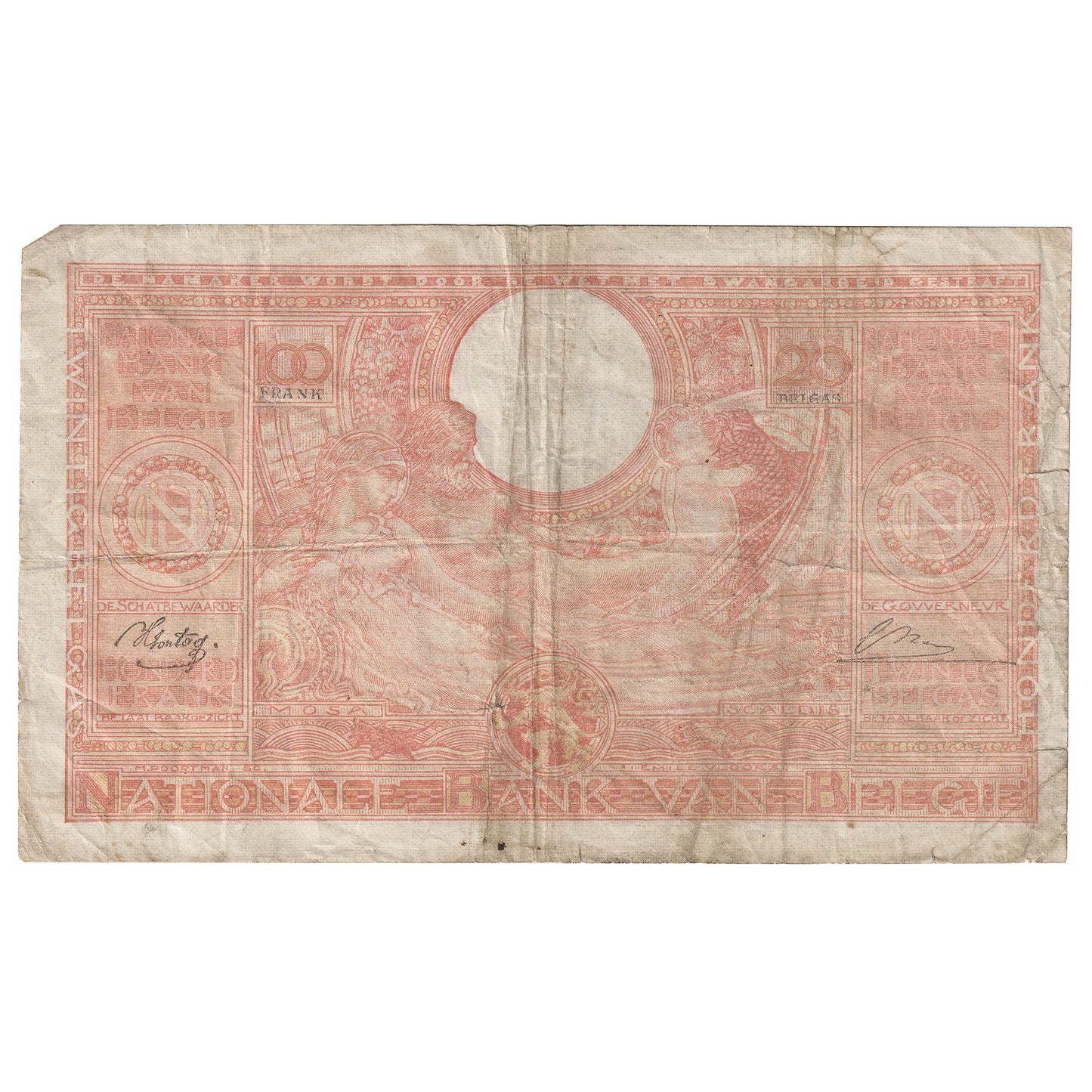 Belgium 1944 100 Francs-20 Belgas Note, Pick #114, VF (Damaged)