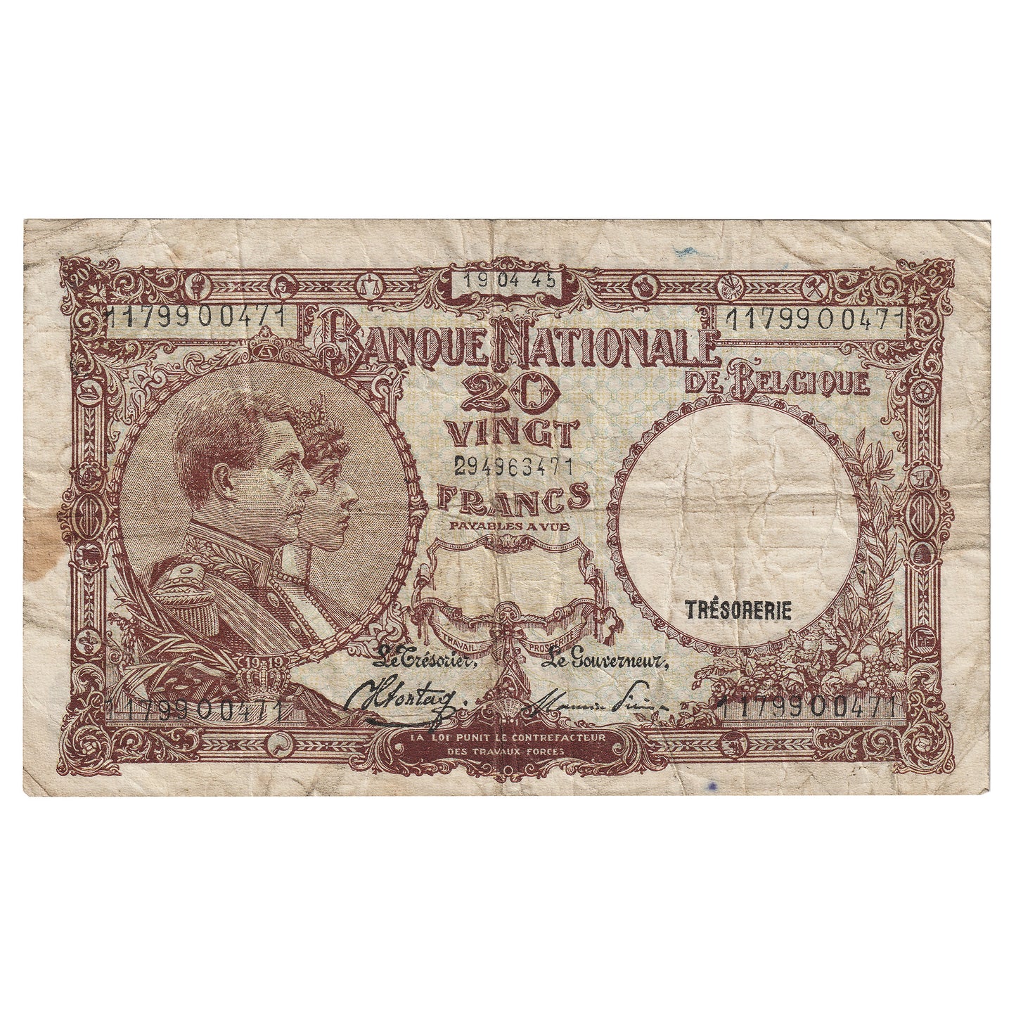 Belgium 1945 20 Francs Note, Pick #111, VF (Damaged)