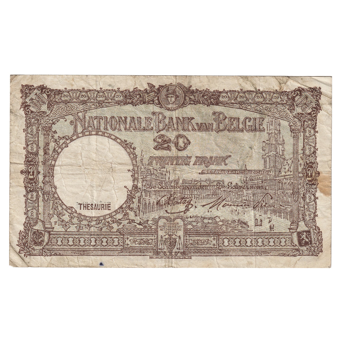 Belgium 1945 20 Francs Note, Pick #111, VF (Damaged)