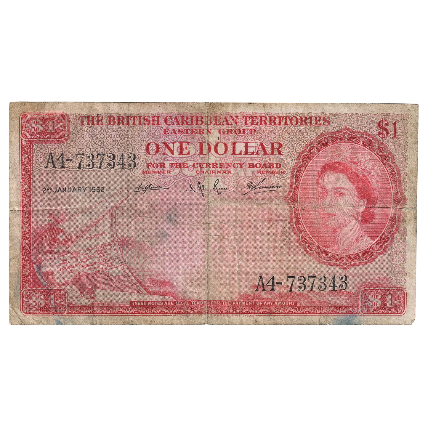British Caribbean Territories 1962 1 Dollar Note Pick #7c, F (Damaged)