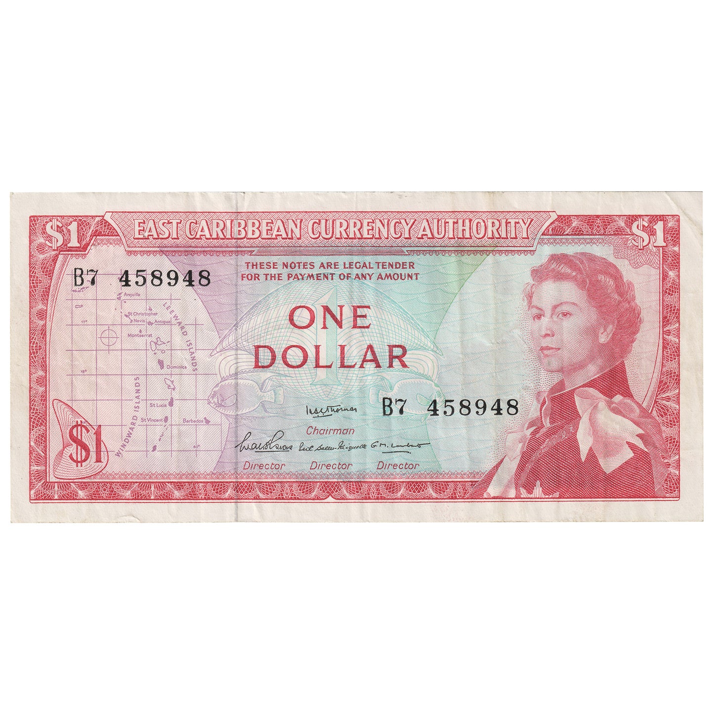 East Caribbean States 1965 $1 Dollar Note, Pick #13a Sig 2, VF (Holes)
