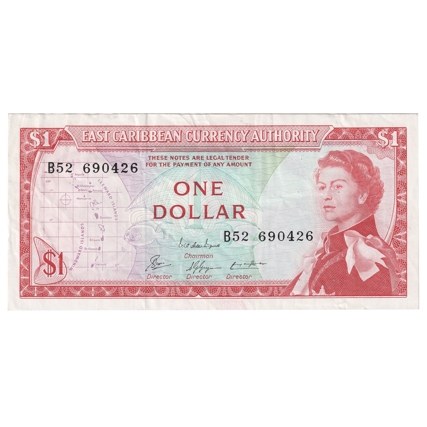 East Caribbean States 1965 $1 Dollar Note, Pick #13e Sig 8, EF (Holes)