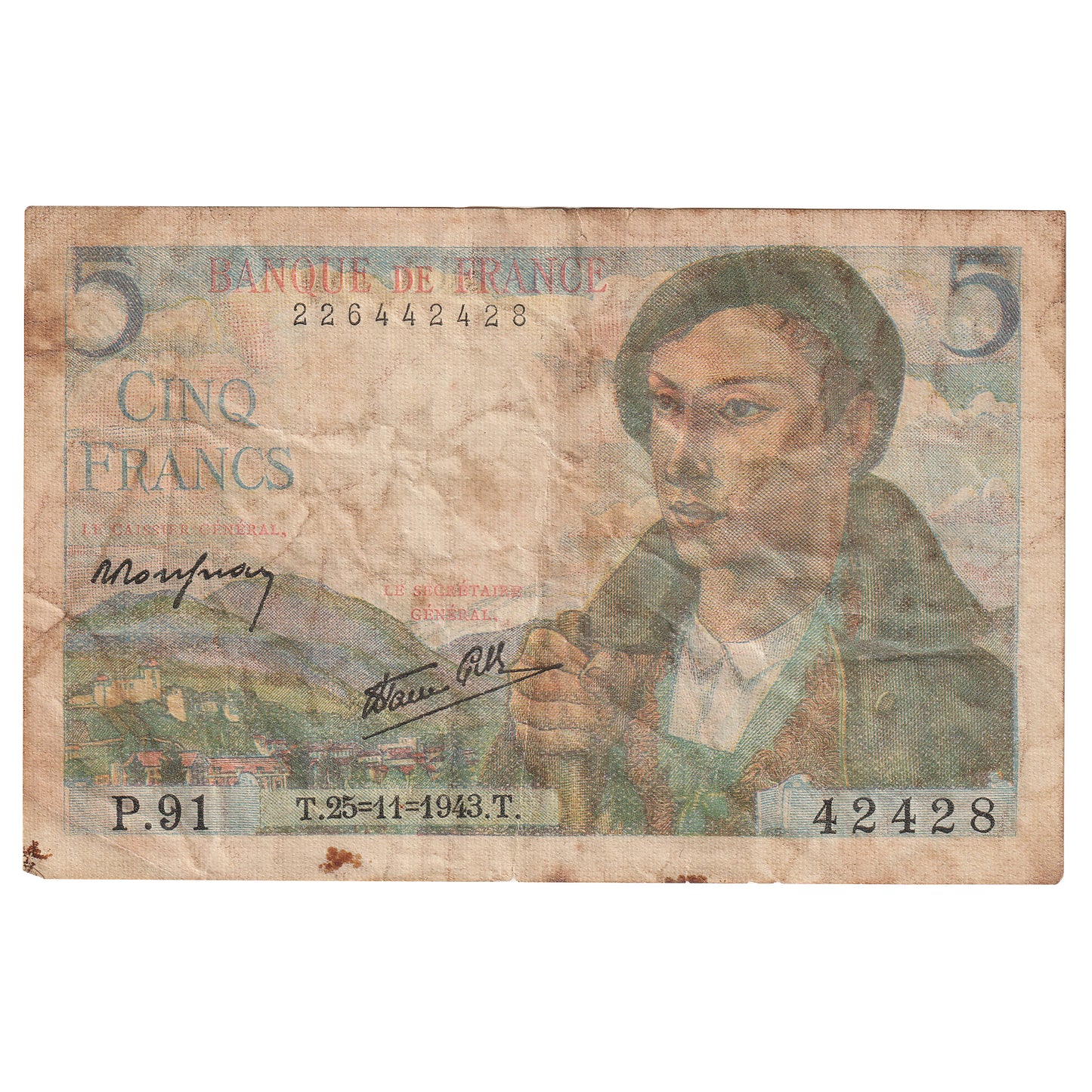 France 1943 5 Francs Note, Pick #98a, EF (Stains)