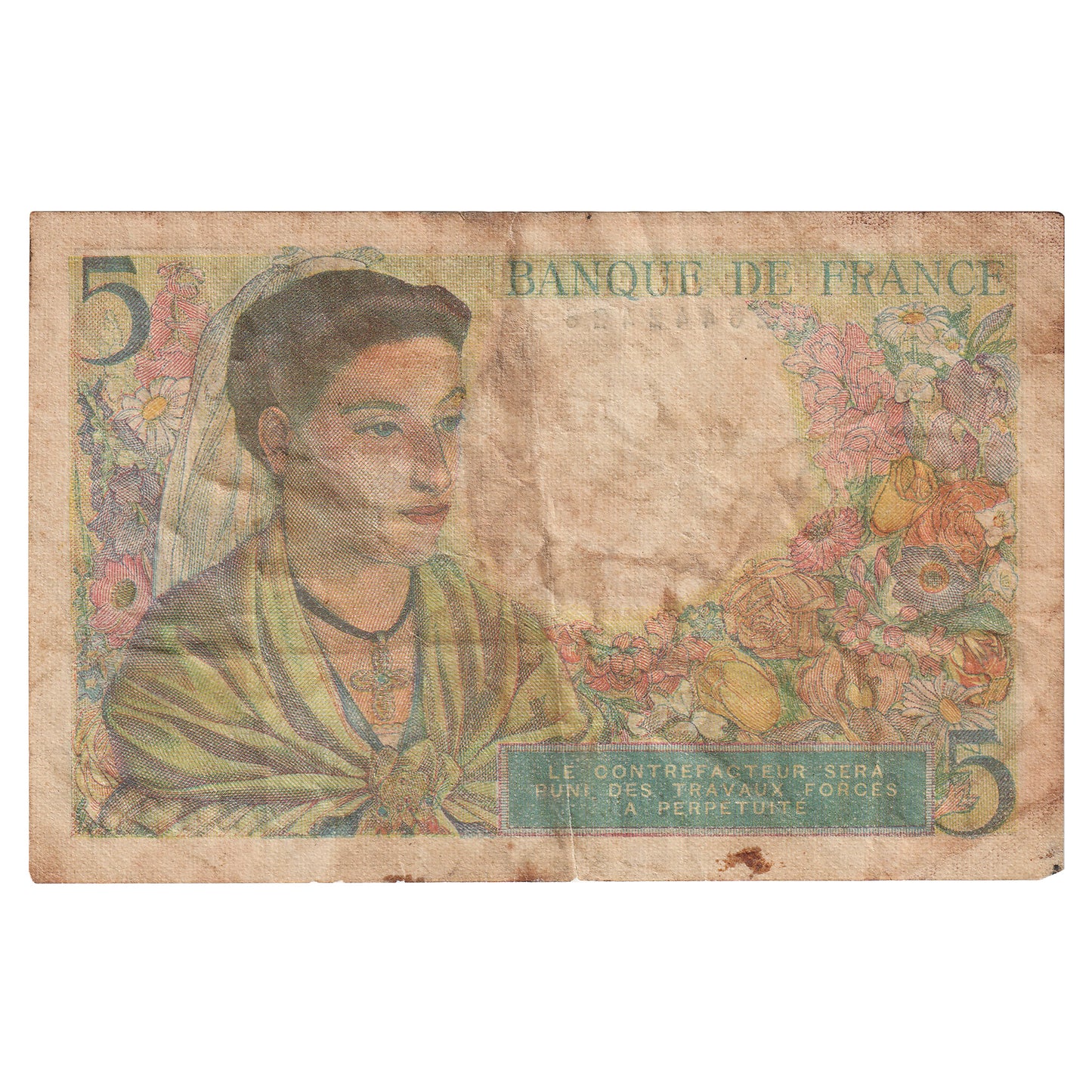 France 1943 5 Francs Note, Pick #98a, EF (Stains)