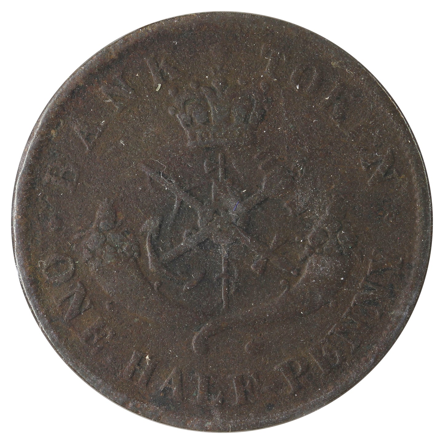 PC-50 1857 Province of Canada, Bank of Upper Canada Half Penny Token Very Good Scratched, Cleaned, Impaired