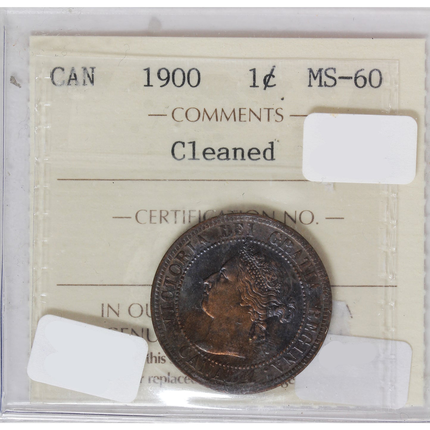 1900 Canada 1-cent ICCS Certified MS60 Cleaned