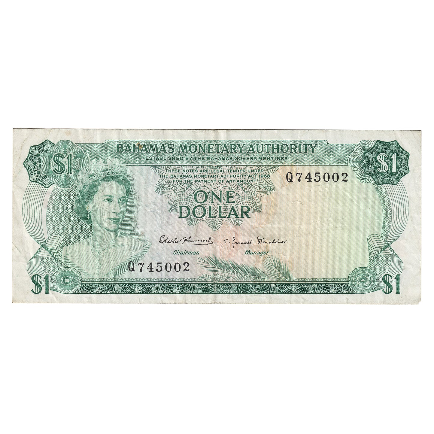 Bahamas L. 1968 1 Dollar Note, Pick #27a, VF (Stain)