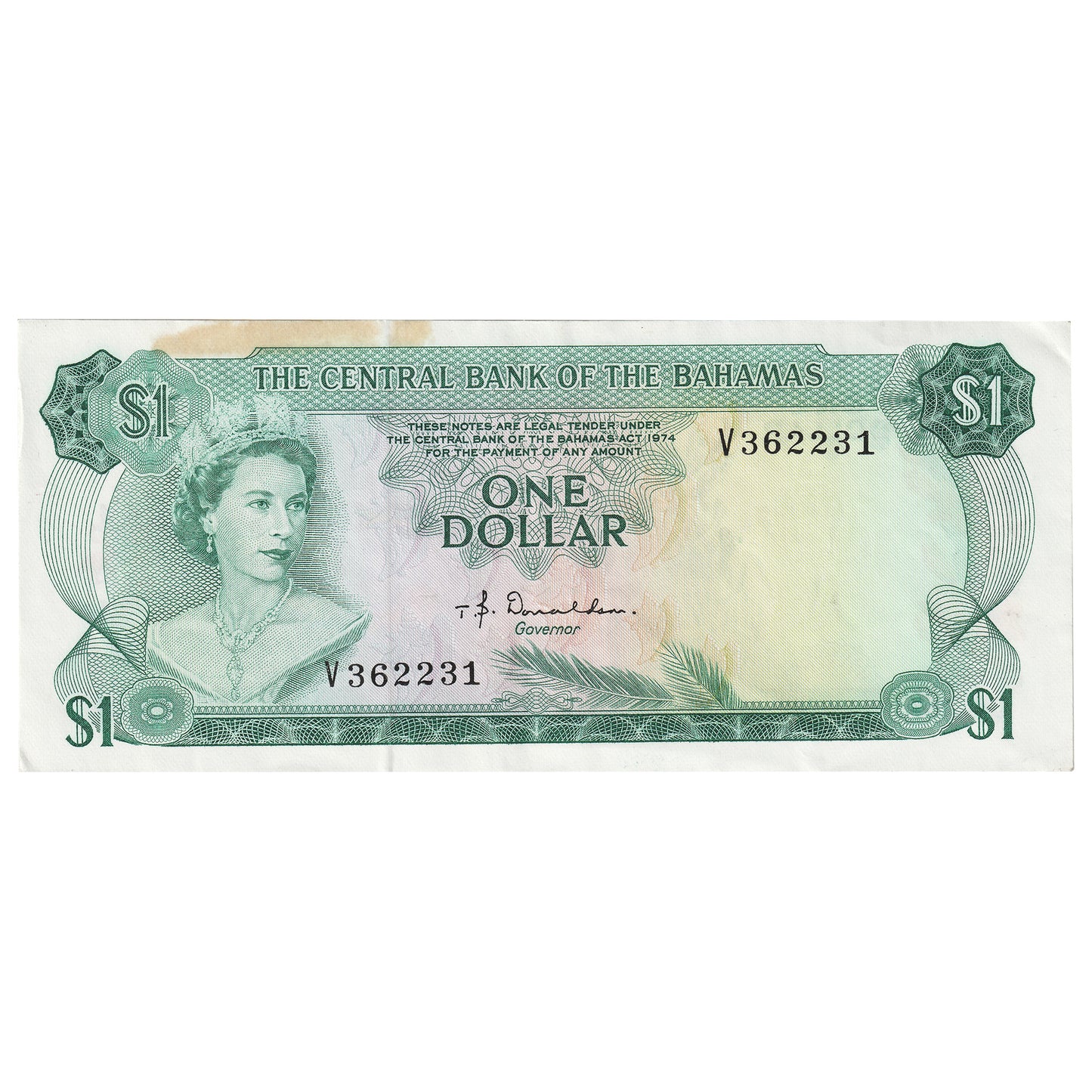 Bahamas 1974 1 Dollar Note, Pick #35a, VF-EF (Stain)