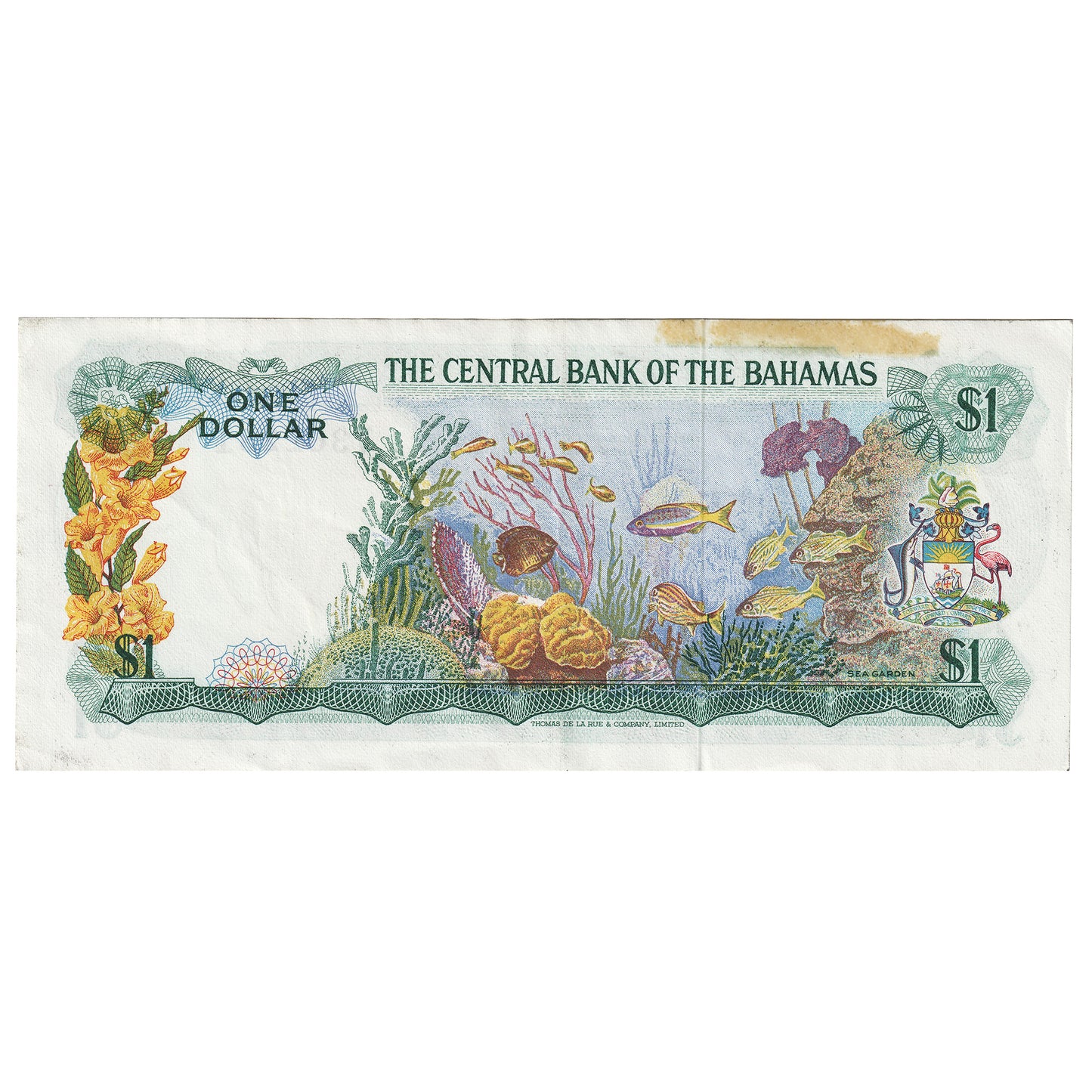 Bahamas 1974 1 Dollar Note, Pick #35a, VF-EF (Stain)