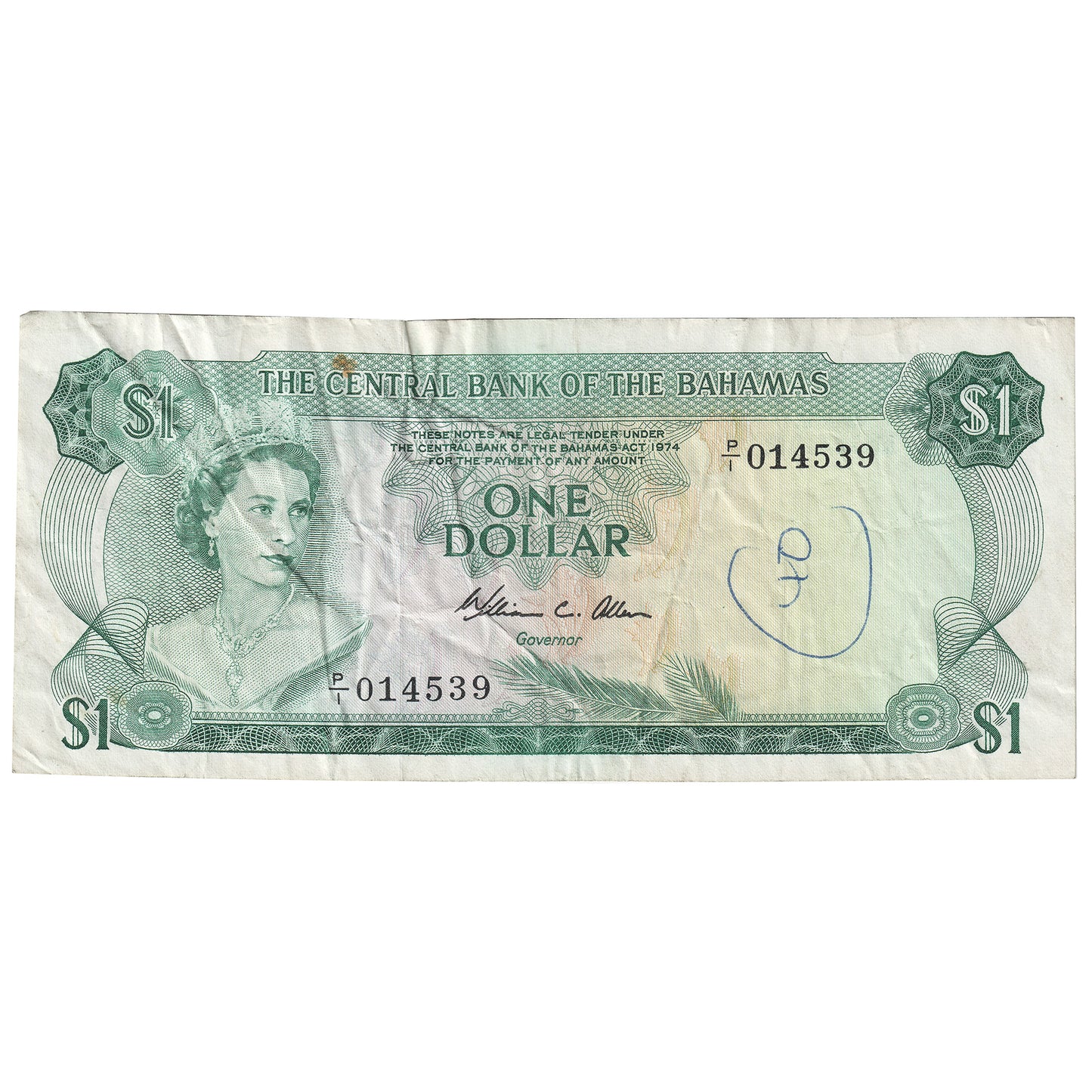 Bahamas L. 1974 1 Dollar Note, Pick #35b, Allen, VF (Dam'g)