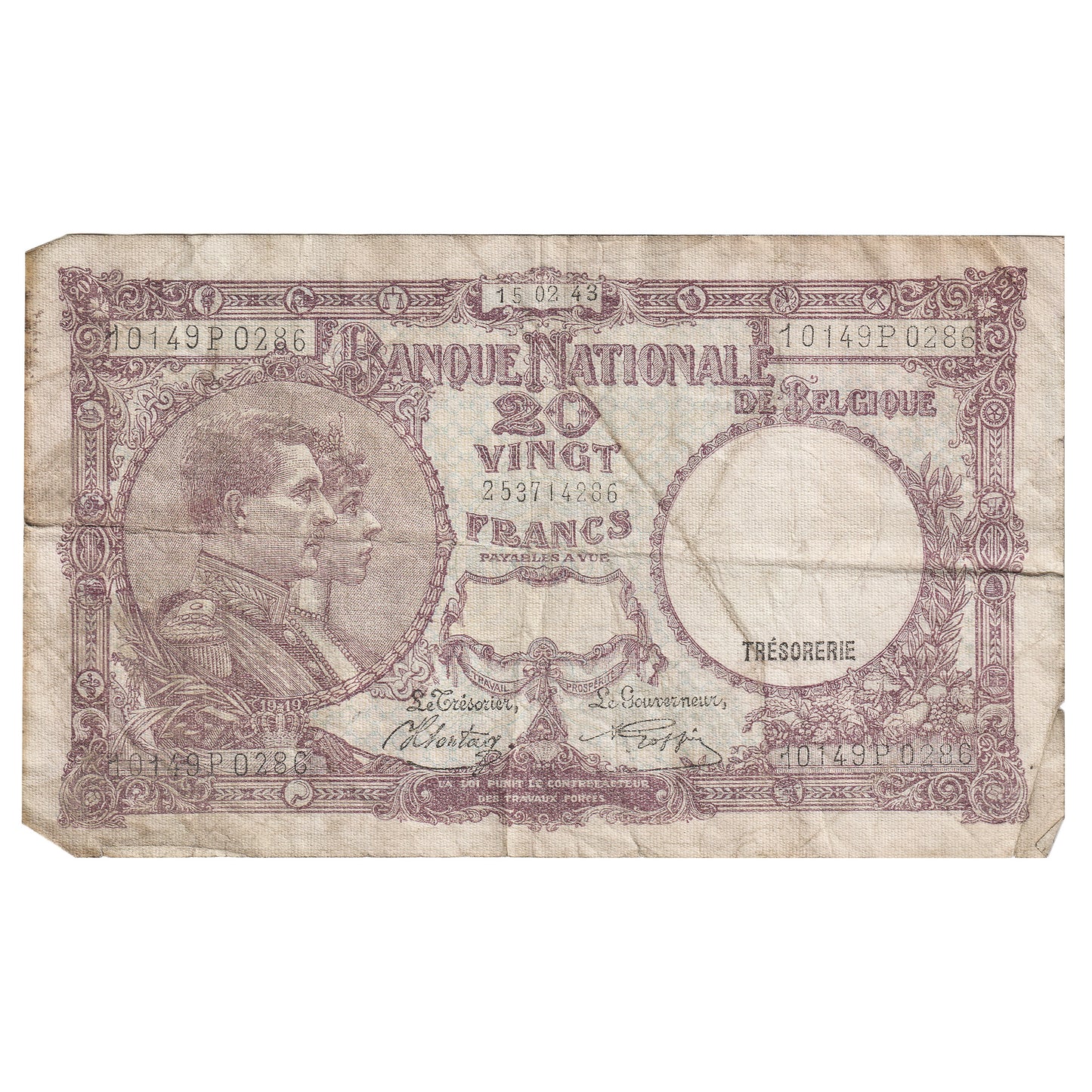 Belgium 1943 20 Francs, Pick #111, VF (Dam'g)