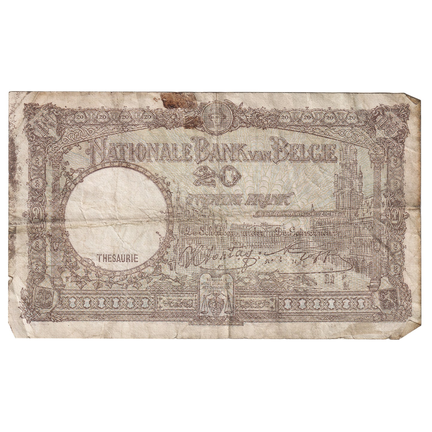 Belgium 1943 20 Francs, Pick #111, VF (Dam'g)