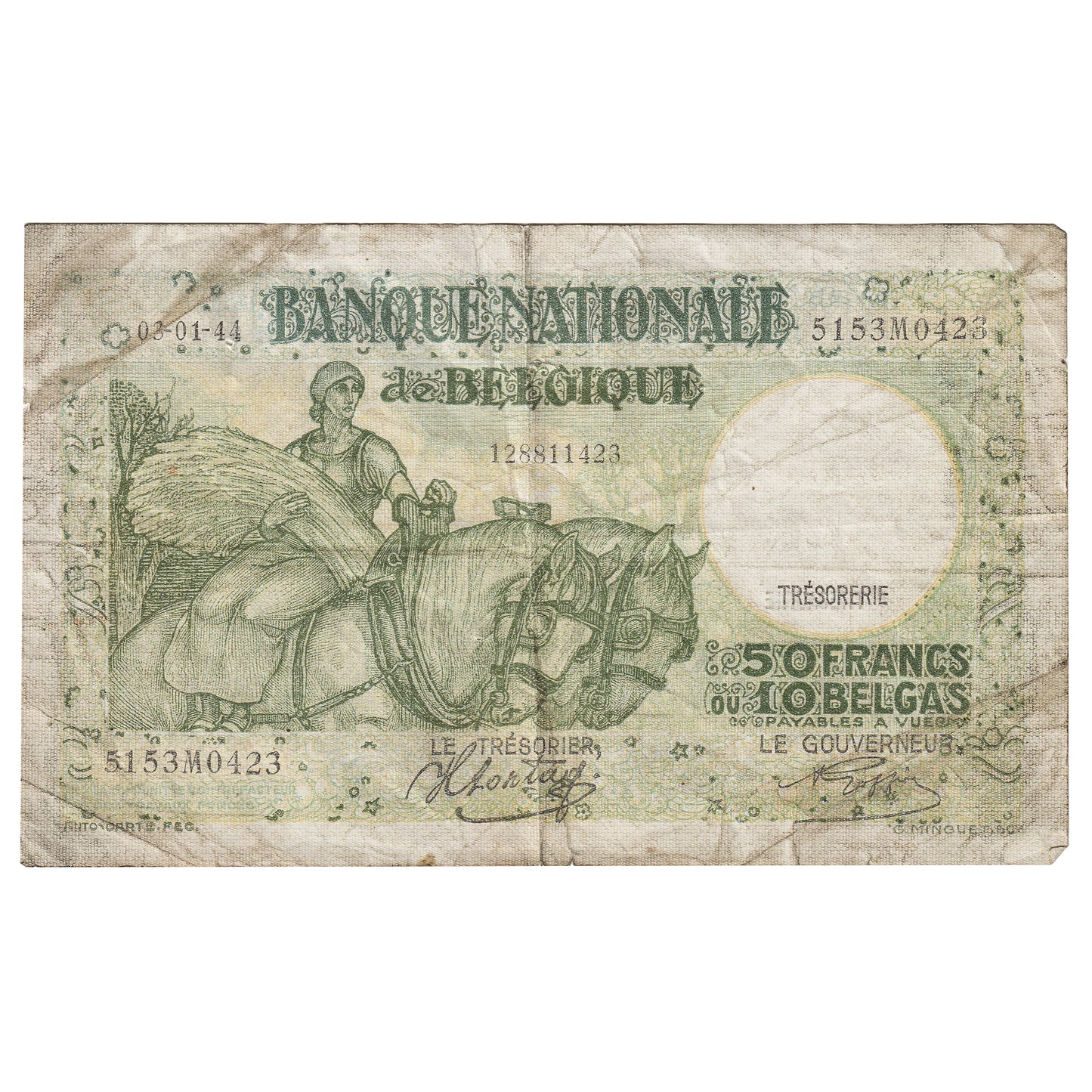 Belgium 1944 50 Francs on 10 Belgas, Pick #106, EF (Holes)