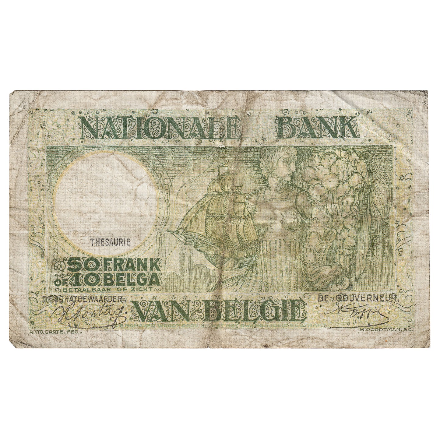 Belgium 1944 50 Francs on 10 Belgas, Pick #106, EF (Holes)