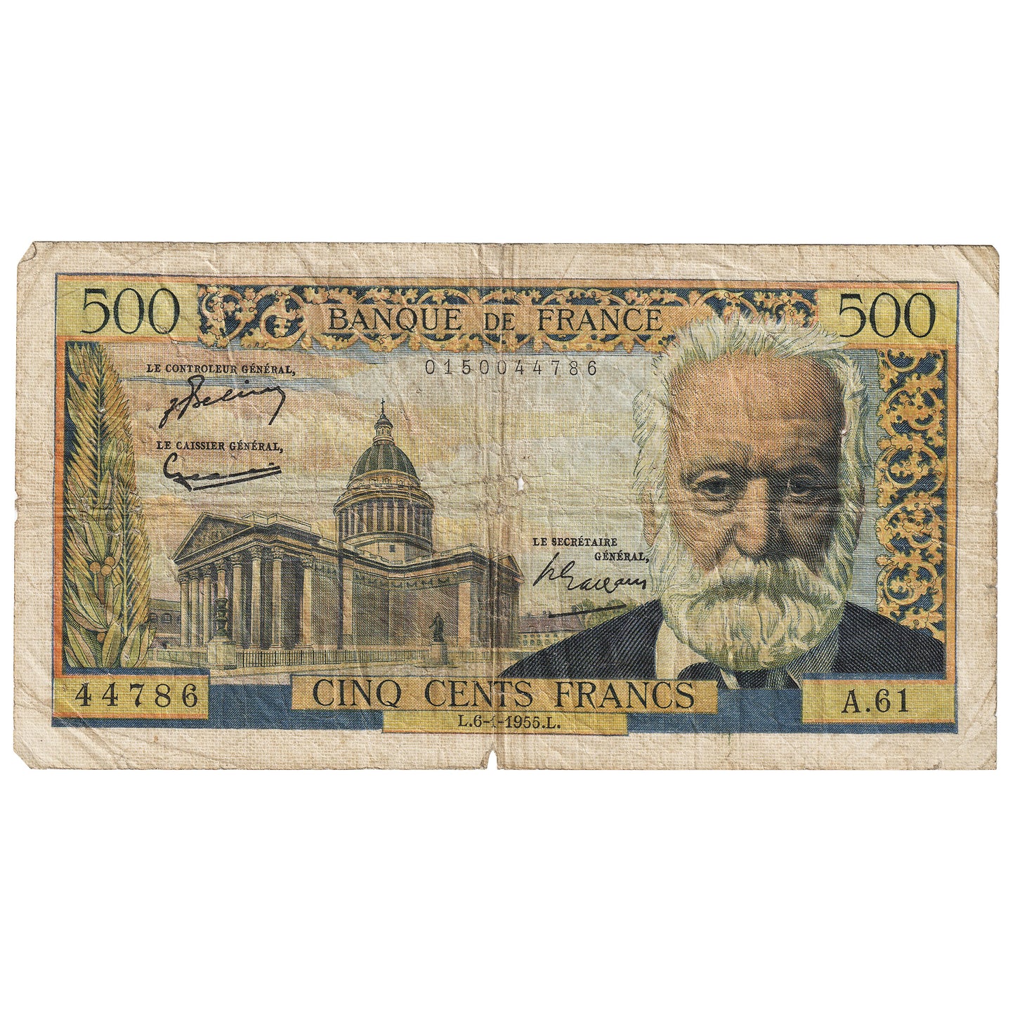 France 1955 500 Francs, Pick #133, F (Dam'g)