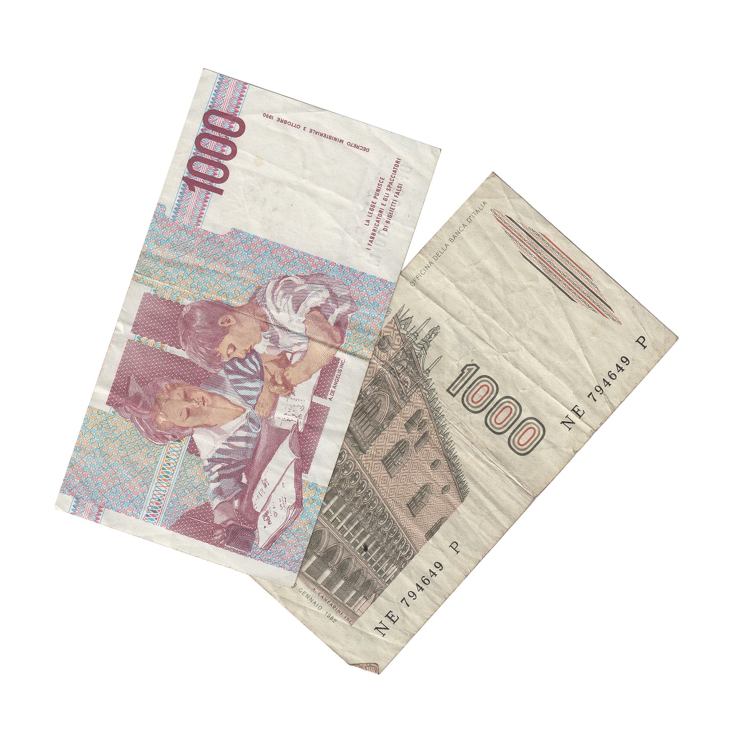 Pair of Undated Italy 1000 Lire Notes, Circ, 2Pcs.