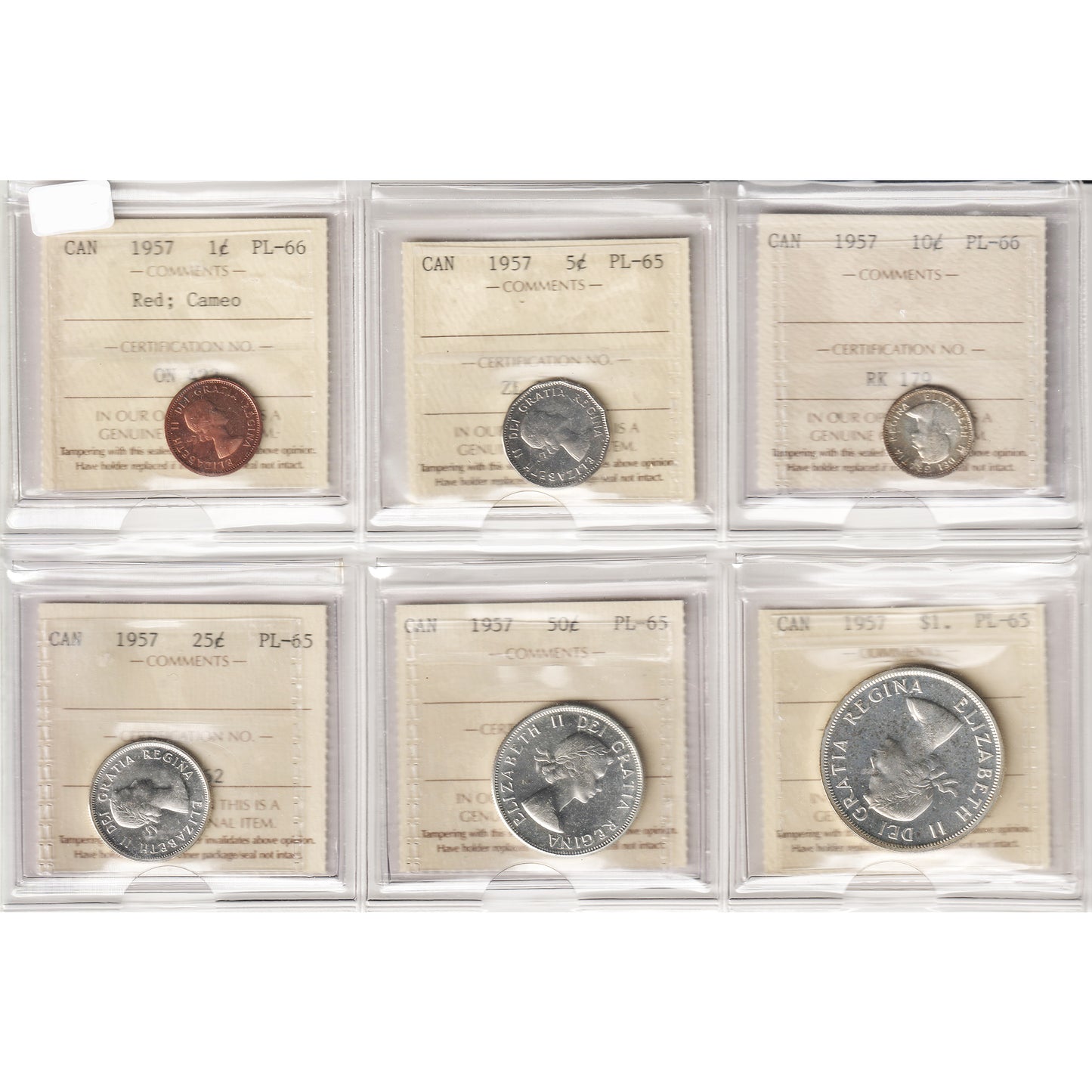 Lot of 6x 1957 Canada Decimal ICCS Certified PL-65 to PL-66, 6Pcs.