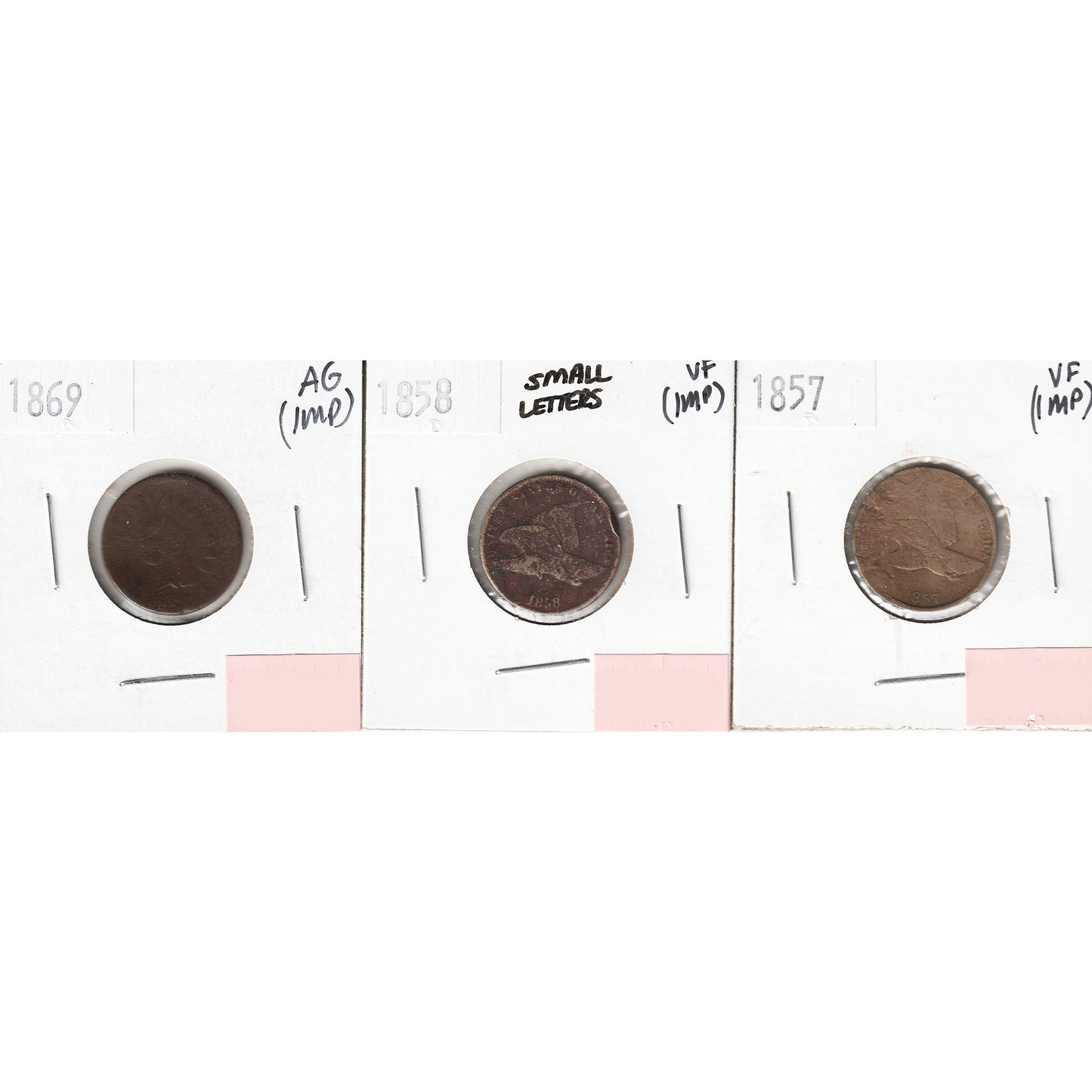 Lot of 3x 1857-1859 USA Cent, AG to VF, 3Pcs. (Impaired)